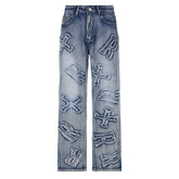 Jean hip-hop High Street avec patch graphique personnalisé et lettres, pantalon droit ample et décontracté